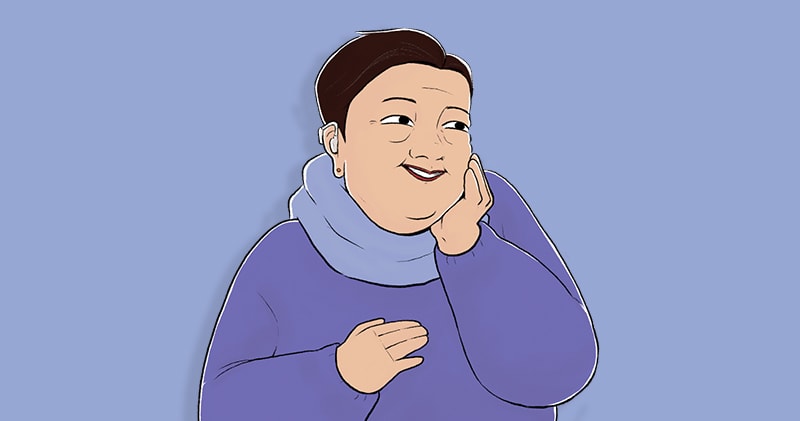Illustration of a woman appearing to be shy and looking off to the side.