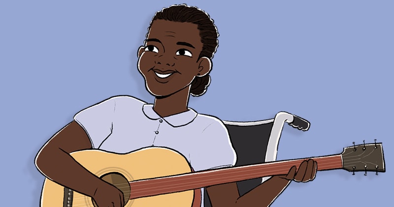 illustration of dark-skinned woman playing guitar against a light purple background