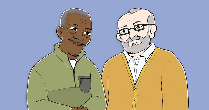 An illustration of two older men, one with dark skin and one with light skin smiling at each other.