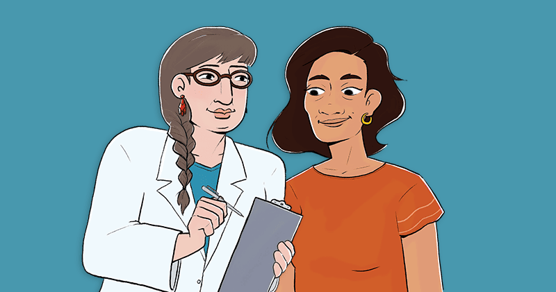 Illustration of a doctor showing a chart to a family member of a person living with dementia.